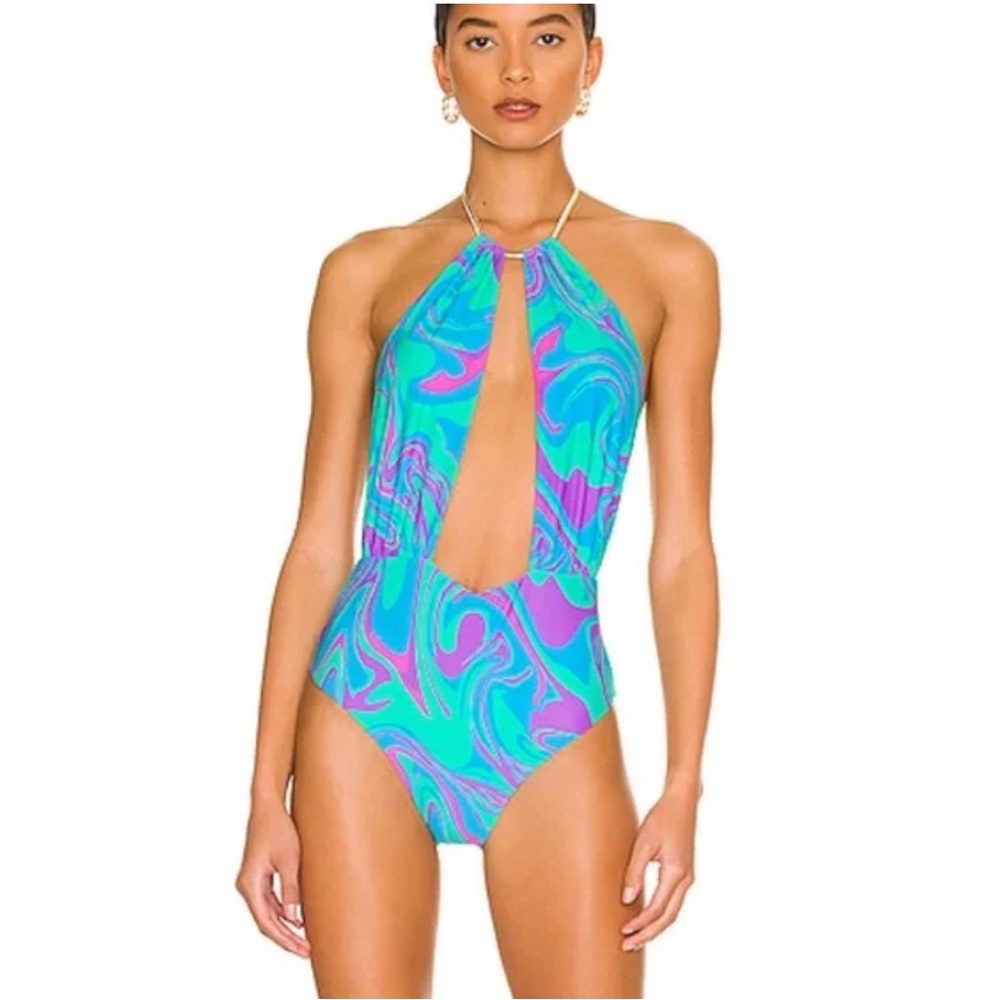 NWOT WeWoreWhat Snake Chain Necklace Plunging Halter One Piece Swimsuit, Medium - Picture 6 of 10